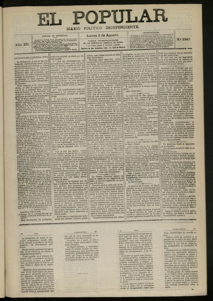 Miniatura de El Popular: diario independiente, político, literario y de noticias de interés general del 2 de agosto de 1880, nº 3347
