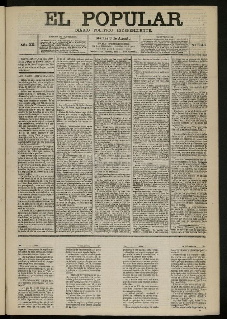 Miniatura de El Popular: diario independiente, político, literario y de noticias de interés general del 3 de agosto de 1880, nº 3348