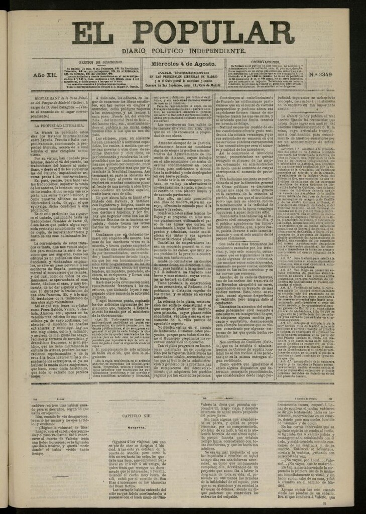 Miniatura de El Popular: diario independiente, político, literario y de noticias de interés general del 4 de agosto de 1880, nº 3349