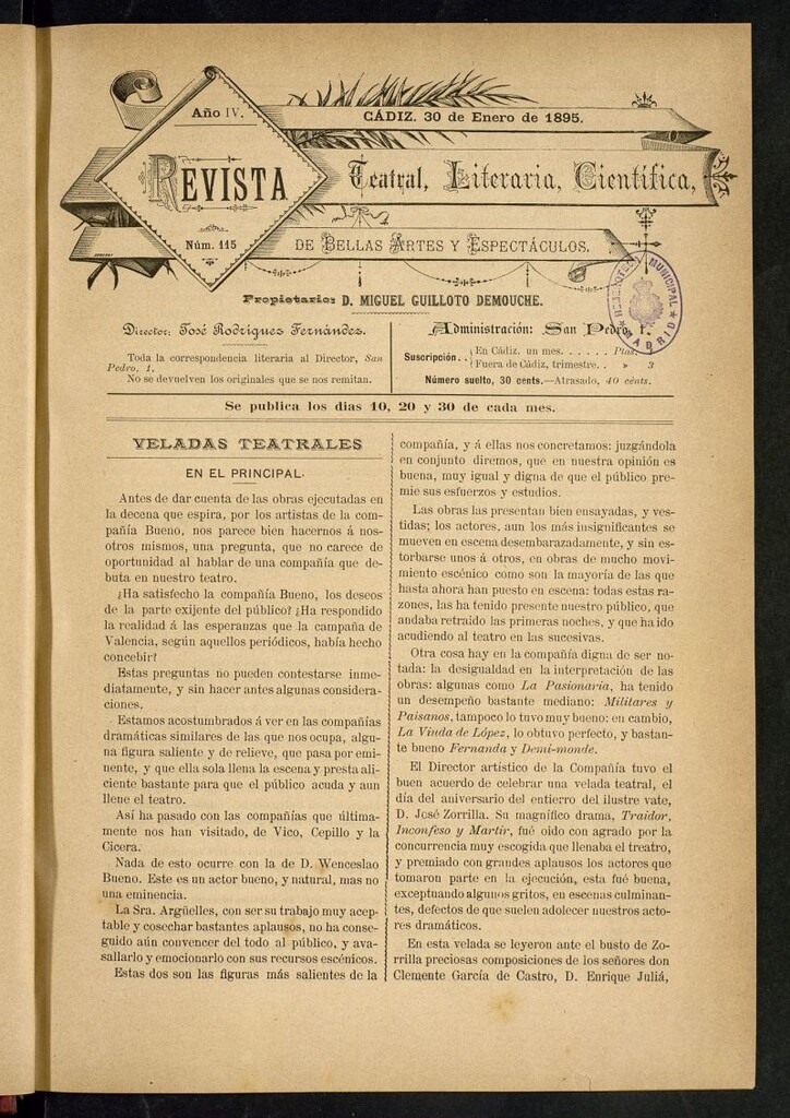 Miniatura de Revista Teatral, Literaria, Científica, de Bellas Artes y Espectáculos. Nº 115