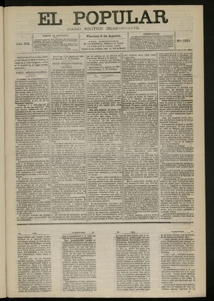 Miniatura de El Popular: diario independiente, político, literario y de noticias de interés general del 6 de agosto de 1880, nº 3351