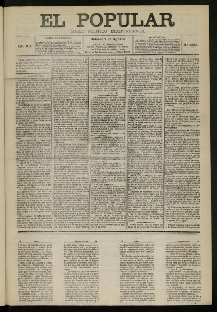 Miniatura de El Popular: diario independiente, político, literario y de noticias de interés general del 7 de agosto de 1880, nº 3352