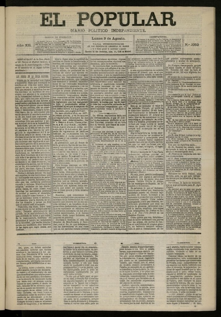 Miniatura de El Popular: diario independiente, político, literario y de noticias de interés general del 9 de agosto de 1880, nº 3353