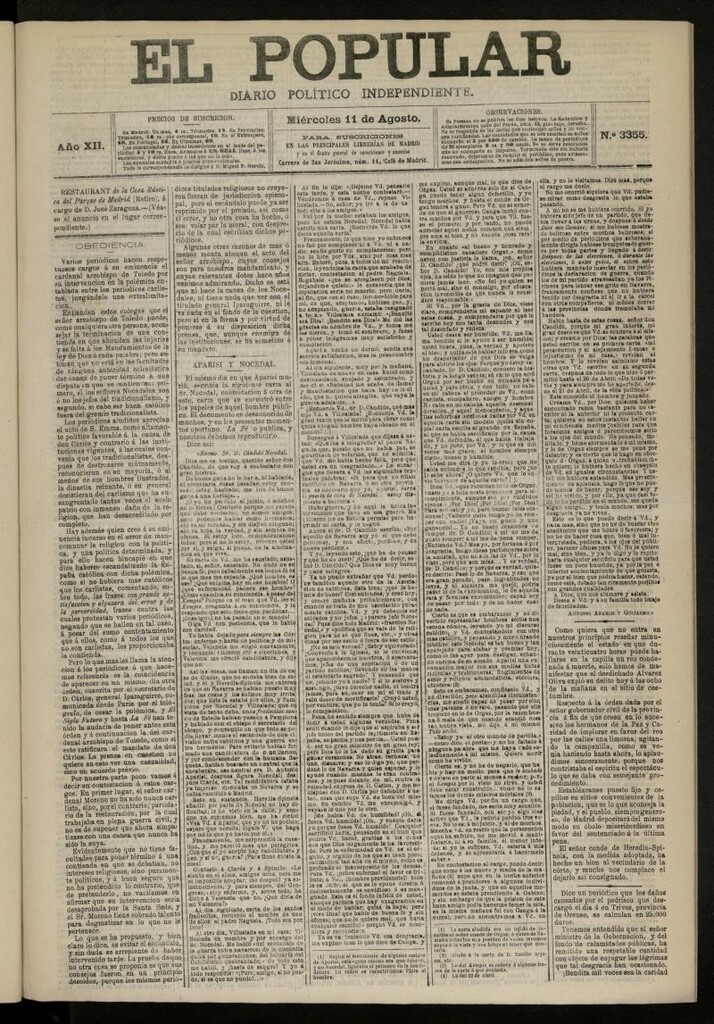 Miniatura de El Popular: diario independiente, político, literario y de noticias de interés general del 11 de agosto de 1880, nº 3355