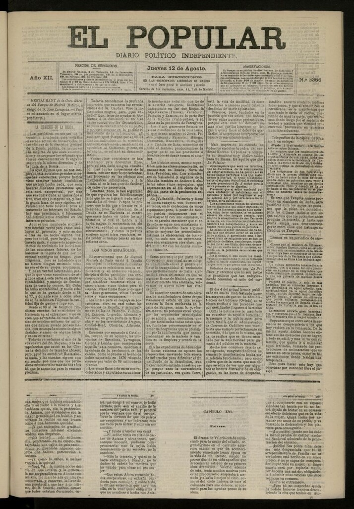 Miniatura de El Popular: diario independiente, político, literario y de noticias de interés general del 12 de agosto de 1880, nº 3356