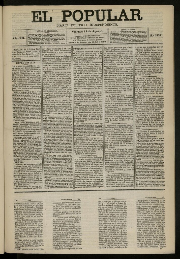 Miniatura de El Popular: diario independiente, político, literario y de noticias de interés general del 13 de agosto de 1880, nº 3357