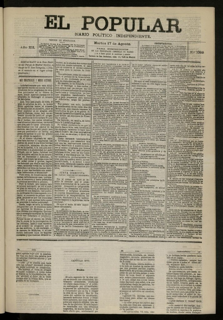Miniatura de El Popular: diario independiente, político, literario y de noticias de interés general del 17 de agosto de 1880, nº 3360