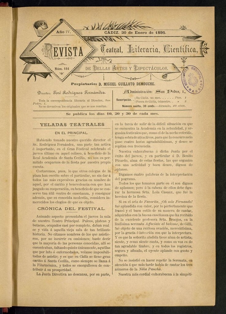 Miniatura de Revista Teatral, Literaria, Científica, de Bellas Artes y Espectáculos. Nº 114