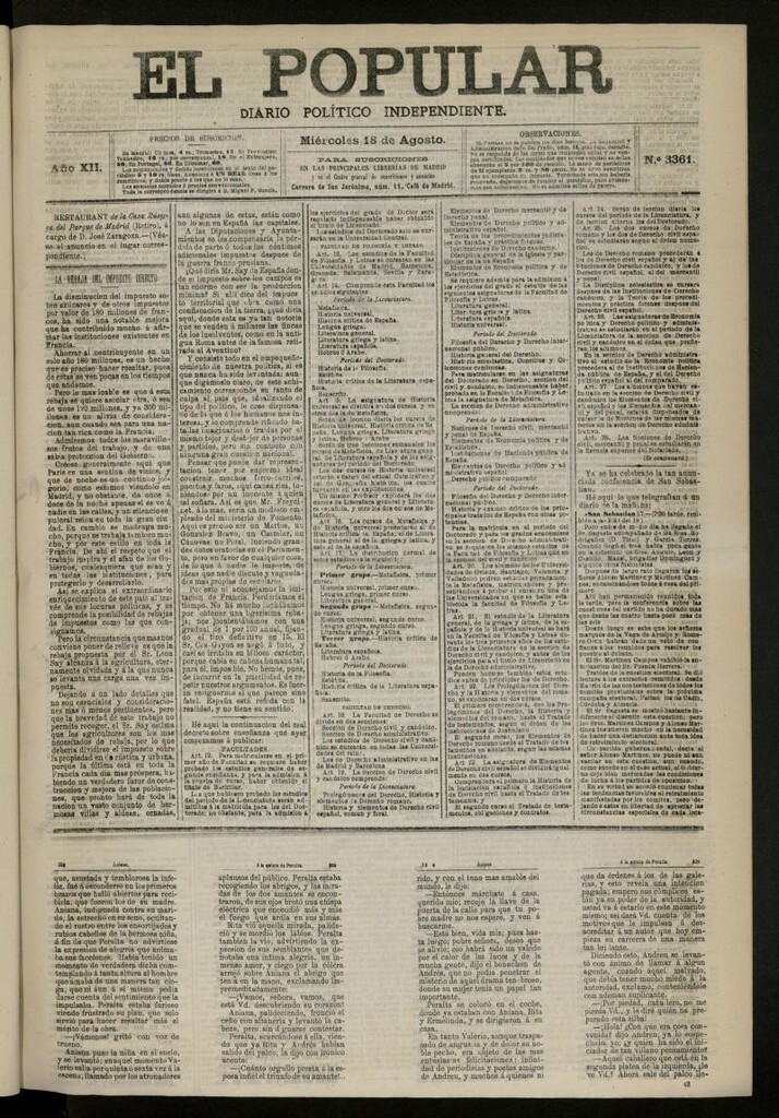 Miniatura de El Popular: diario independiente, político, literario y de noticias de interés general del 18 de agosto de 1880, nº 3361