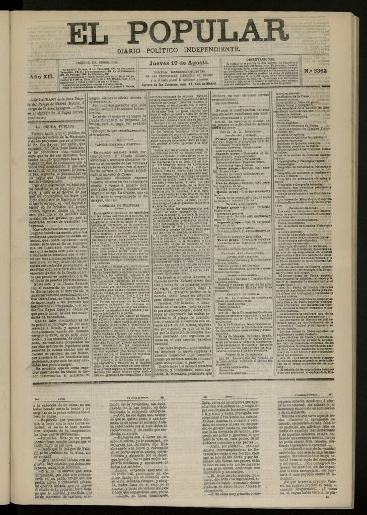 Miniatura de El Popular: diario independiente, político, literario y de noticias de interés general del 19 de agosto de 1880, nº 3362