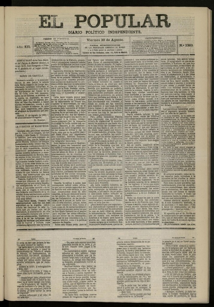Miniatura de El Popular: diario independiente, político, literario y de noticias de interés general del 20 de agosto de 1880, nº 3363
