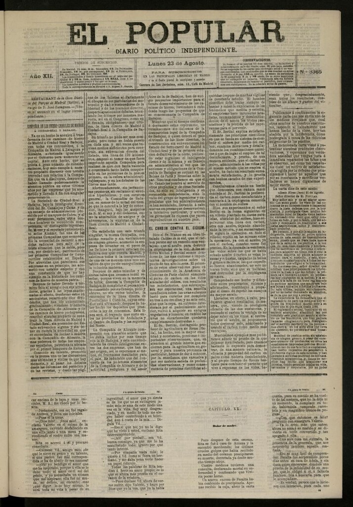Miniatura de El Popular: diario independiente, político, literario y de noticias de interés general del 23 de agosto de 1880, nº 3365