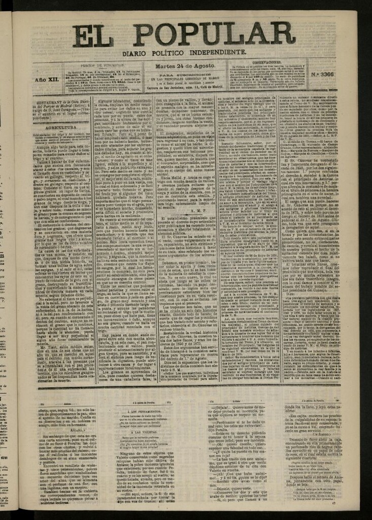 Miniatura de El Popular: diario independiente, político, literario y de noticias de interés general del 24 de agosto de 1880, nº 3366