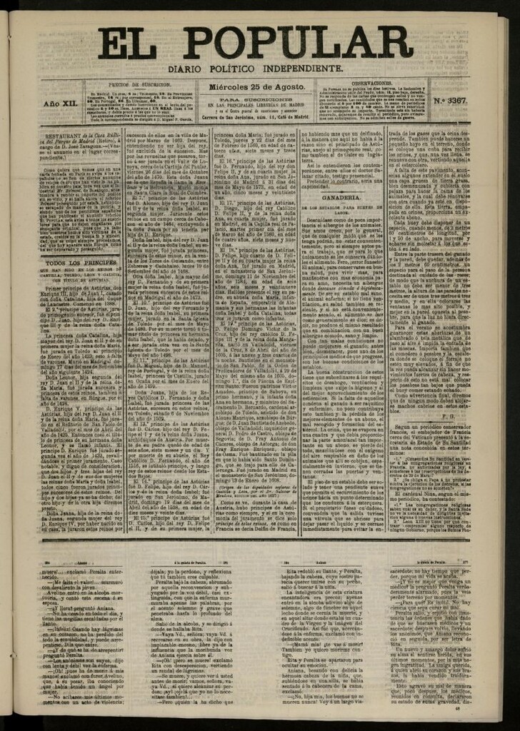 Miniatura de El Popular: diario independiente, político, literario y de noticias de interés general del 25 de agosto de 1880, nº 3367