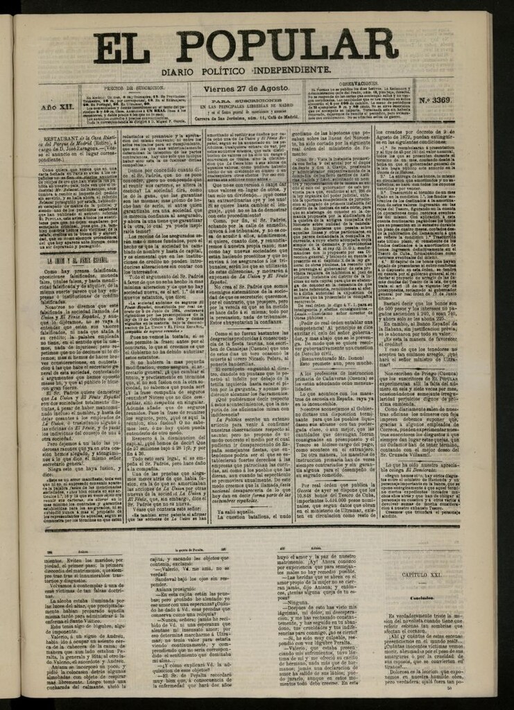 Miniatura de El Popular: diario independiente, político, literario y de noticias de interés general del 27 de agosto de 1880, nº 3369