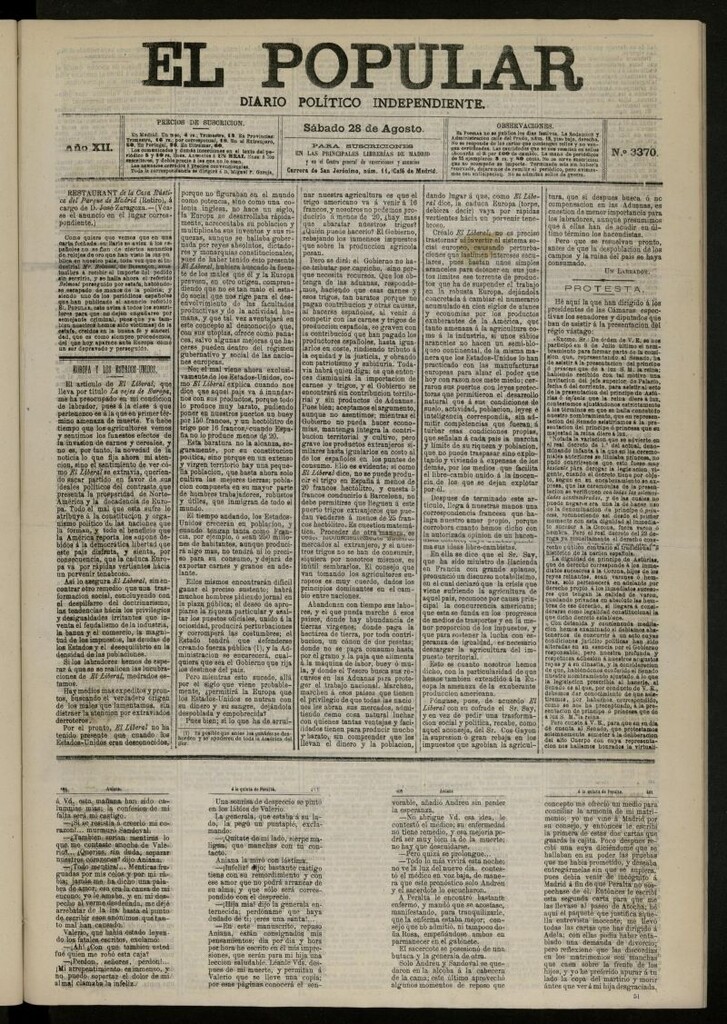 Miniatura de El Popular: diario independiente, político, literario y de noticias de interés general del 28 de agosto de 1880, nº 3370