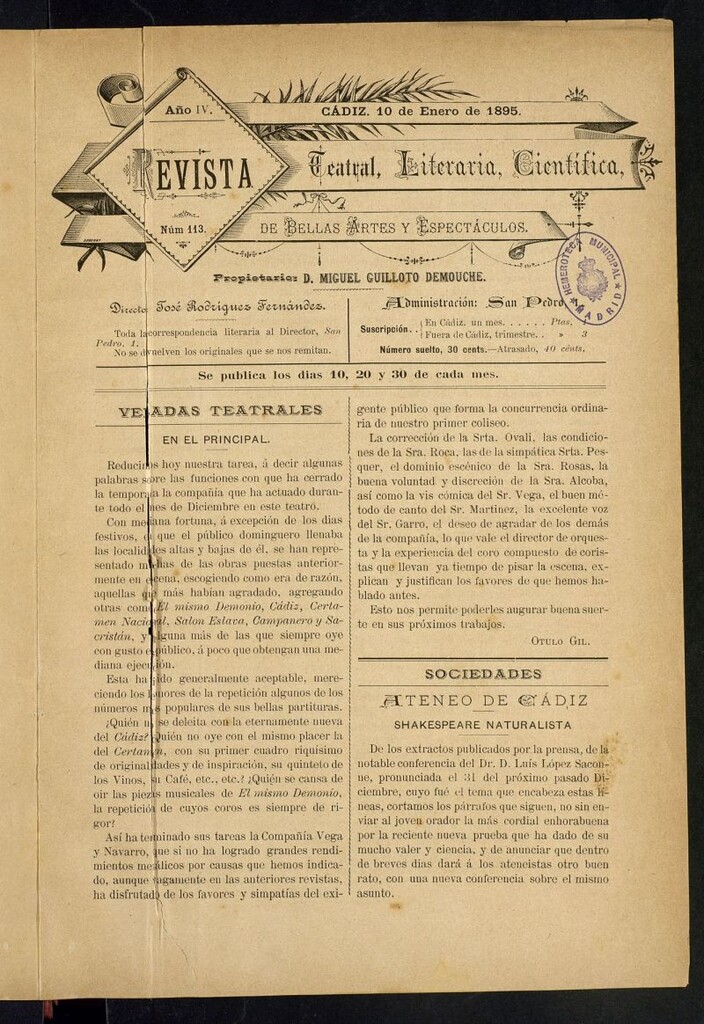 Miniatura de Revista Teatral, Literaria, Científica, de Bellas Artes y Espectáculos. Nº 113