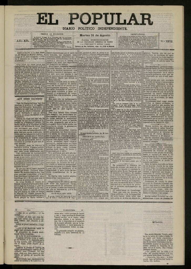 Miniatura de El Popular: diario independiente, político, literario y de noticias de interés general del 31 de agosto de 1880, nº 3372