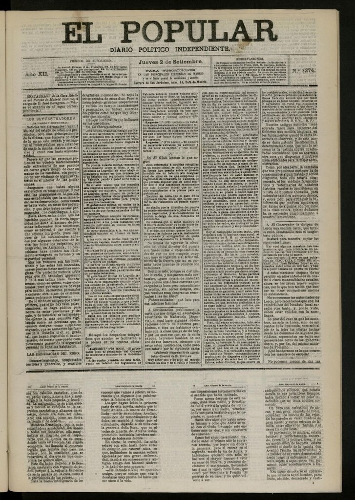 Miniatura de El Popular: diario independiente, político, literario y de noticias de interés general del 2 de septiembre de 1880, nº 3374