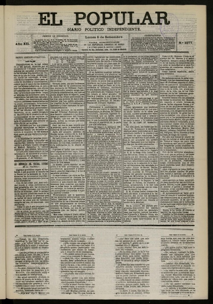 Miniatura de El Popular: diario independiente, político, literario y de noticias de interés general del 6 de septiembre de 1880, nº 3377