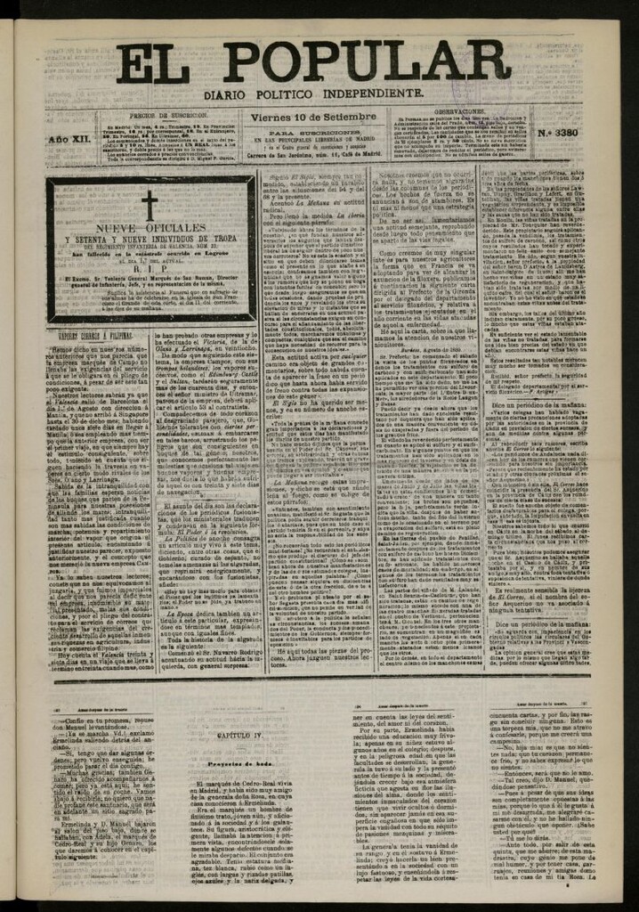 Miniatura de El Popular: diario independiente, político, literario y de noticias de interés general del 10 de septiembre de 1880, nº 3380