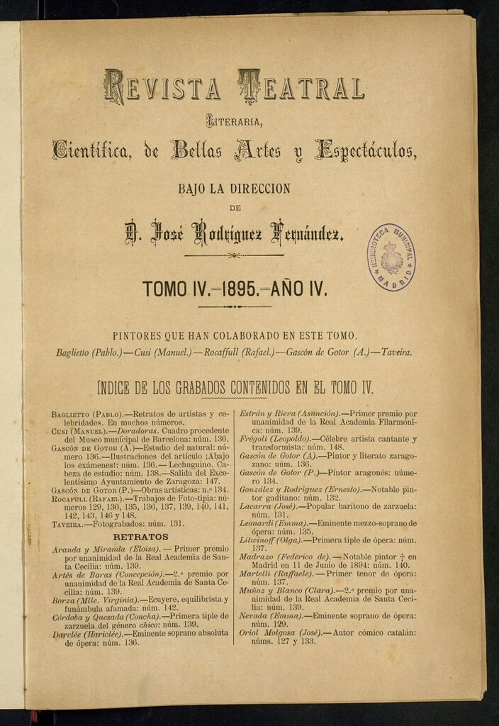 Miniatura de Revista Teatral, Literaria, Científica, de Bellas Artes y Espectáculos. 1895 Índices