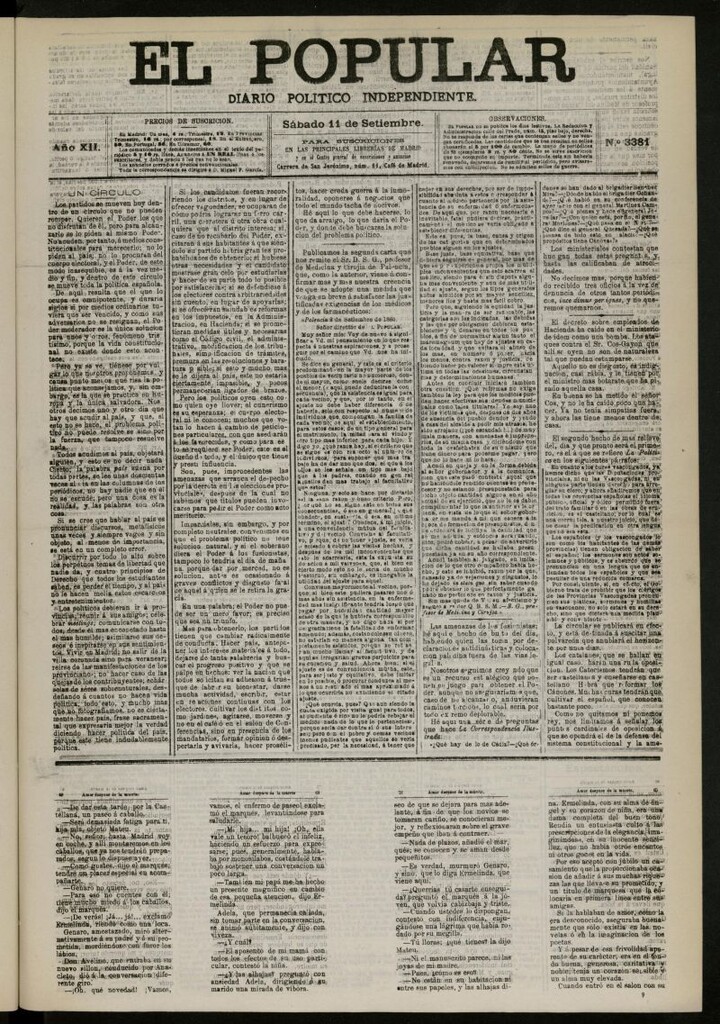 Miniatura de El Popular: diario independiente, político, literario y de noticias de interés general del 11 de septiembre de 1880, nº 3381