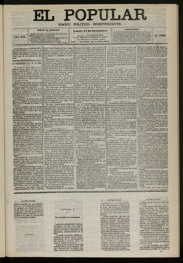Miniatura de El Popular: diario independiente, político, literario y de noticias de interés general del 13 de septiembre de 1880, nº 3382