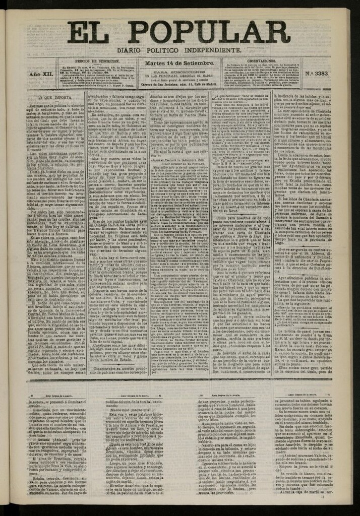 Miniatura de El Popular: diario independiente, político, literario y de noticias de interés general del 14 de septiembre de 1880, nº 3383