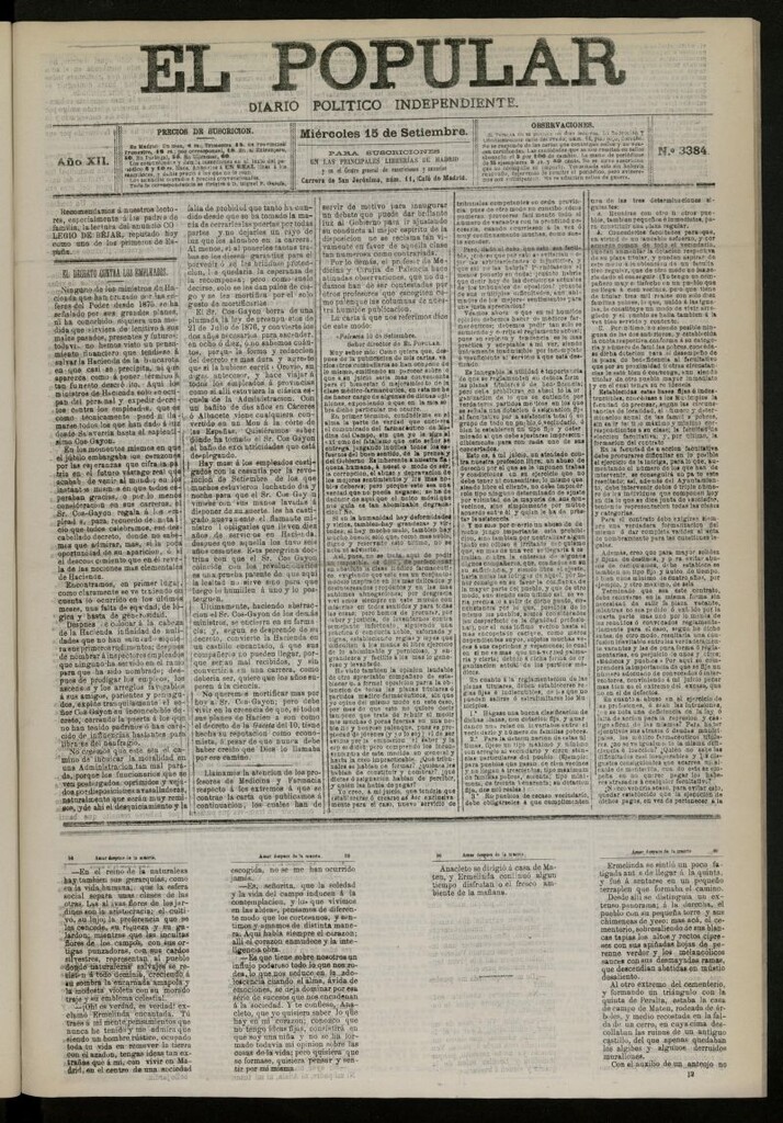 Miniatura de El Popular: diario independiente, político, literario y de noticias de interés general del 15 de septiembre de 1880, nº 3384