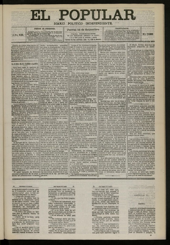 Miniatura de El Popular: diario independiente, político, literario y de noticias de interés general del 16 de septiembre de 1880, nº 3385