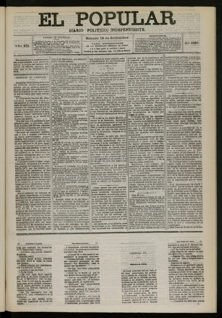 Miniatura de El Popular: diario independiente, político, literario y de noticias de interés general del 18 de septiembre de 1880, nº 3387