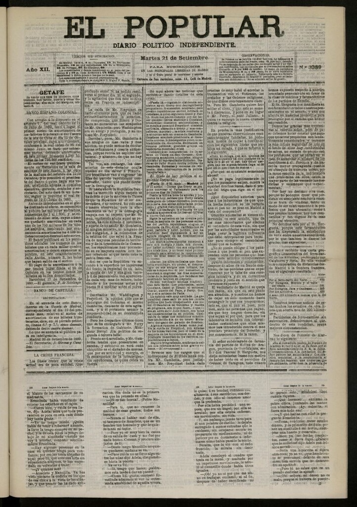 Miniatura de El Popular: diario independiente, político, literario y de noticias de interés general del 21 de septiembre de 1880, nº 3389