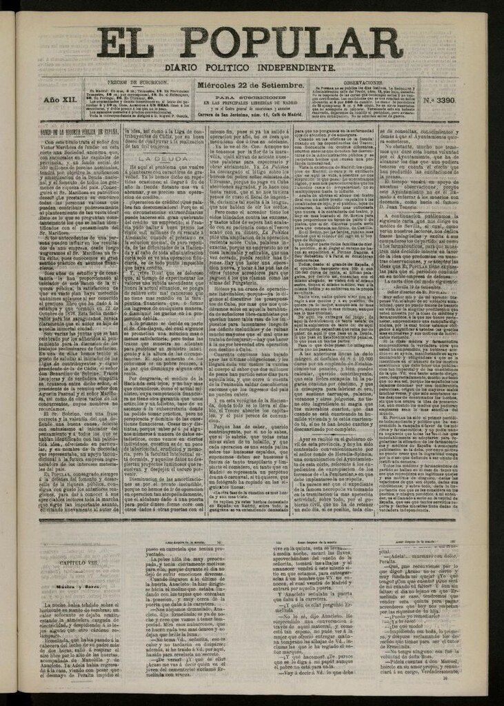 Miniatura de El Popular: diario independiente, político, literario y de noticias de interés general del 22 de septiembre de 1880, nº 3390