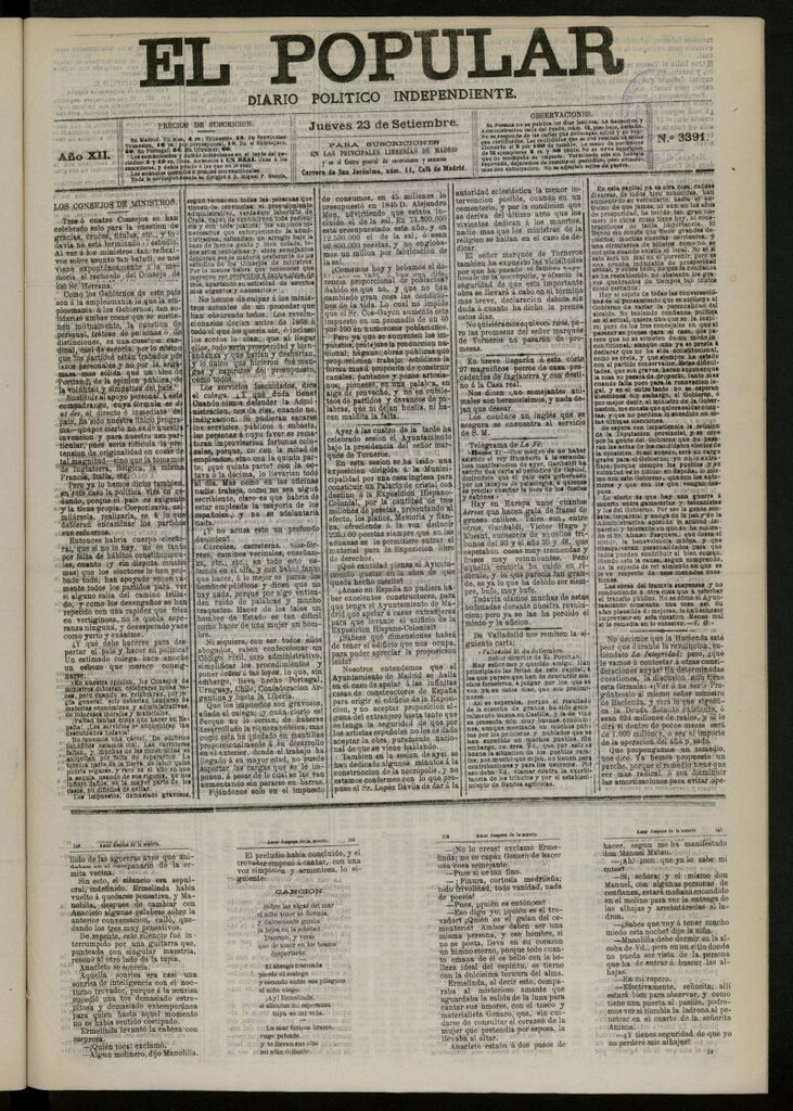 Miniatura de El Popular: diario independiente, político, literario y de noticias de interés general del 23 de septiembre de 1880, nº 3391