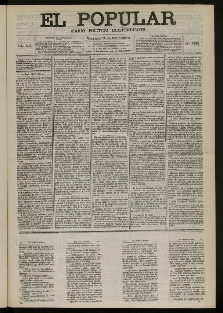 Miniatura de El Popular: diario independiente, político, literario y de noticias de interés general del 24 de septiembre de 1880, nº 3392