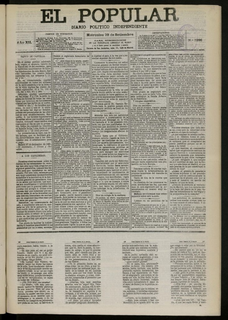 Miniatura de El Popular: diario independiente, político, literario y de noticias de interés general del 29 de septiembre de 1880, nº 3396