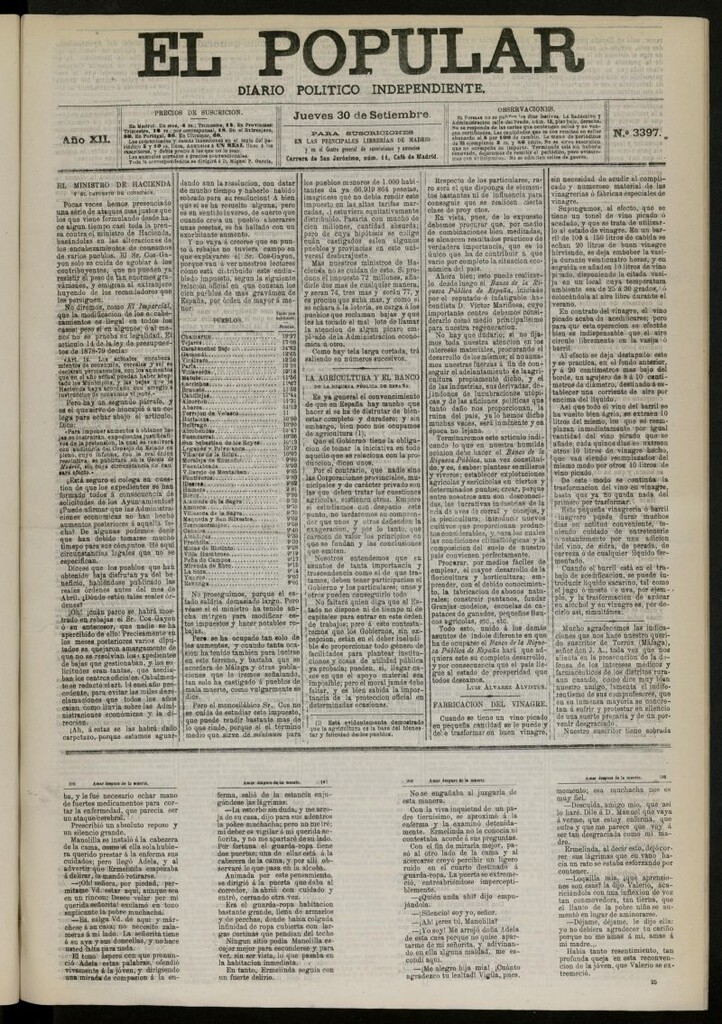 Miniatura de El Popular: diario independiente, político, literario y de noticias de interés general del 30 de septiembre de 1880, nº 3397