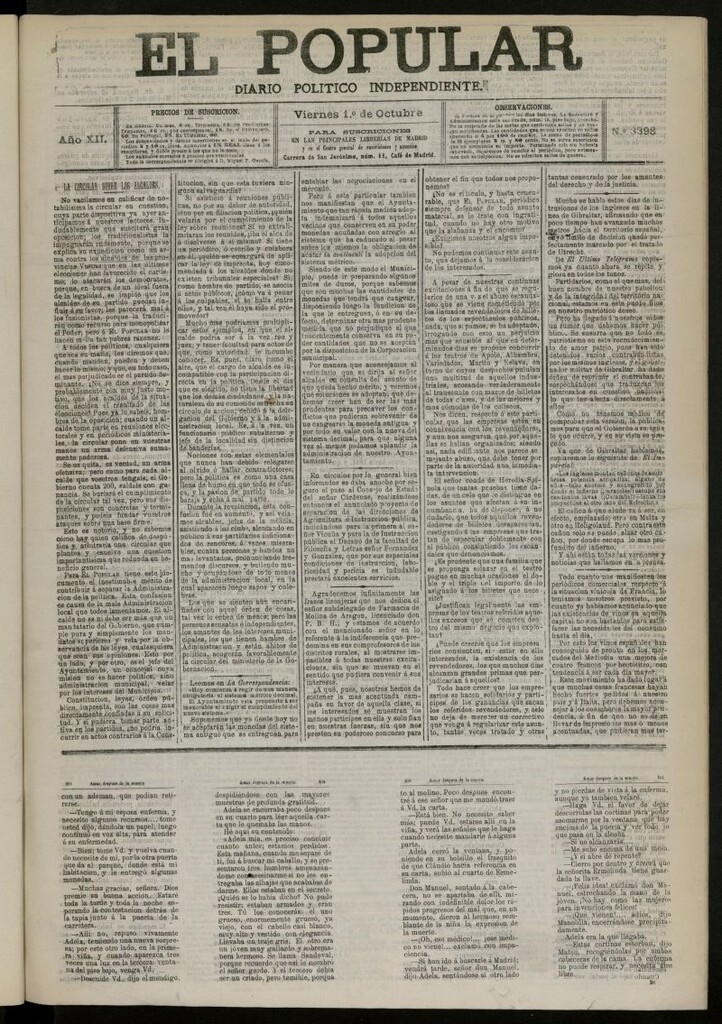 Miniatura de El Popular: diario independiente, político, literario y de noticias de interés general del 1 de octubre de 1880, nº 3398