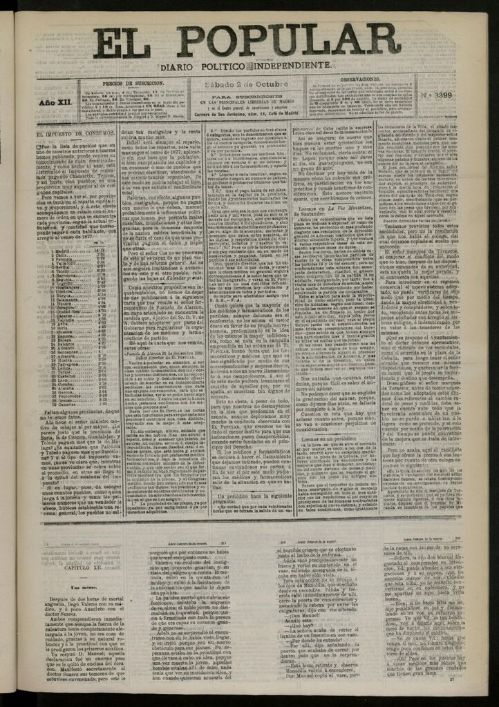 Miniatura de El Popular: diario independiente, político, literario y de noticias de interés general del 2 de octubre de 1880, nº 3399