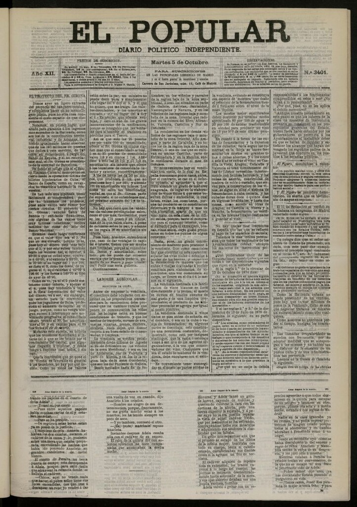 Miniatura de El Popular: diario independiente, político, literario y de noticias de interés general del 5 de octubre de 1880, nº 3401