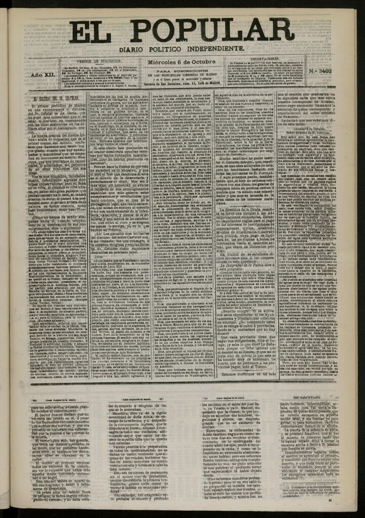Miniatura de El Popular: diario independiente, político, literario y de noticias de interés general del 6 de octubre de 1880, nº 3402