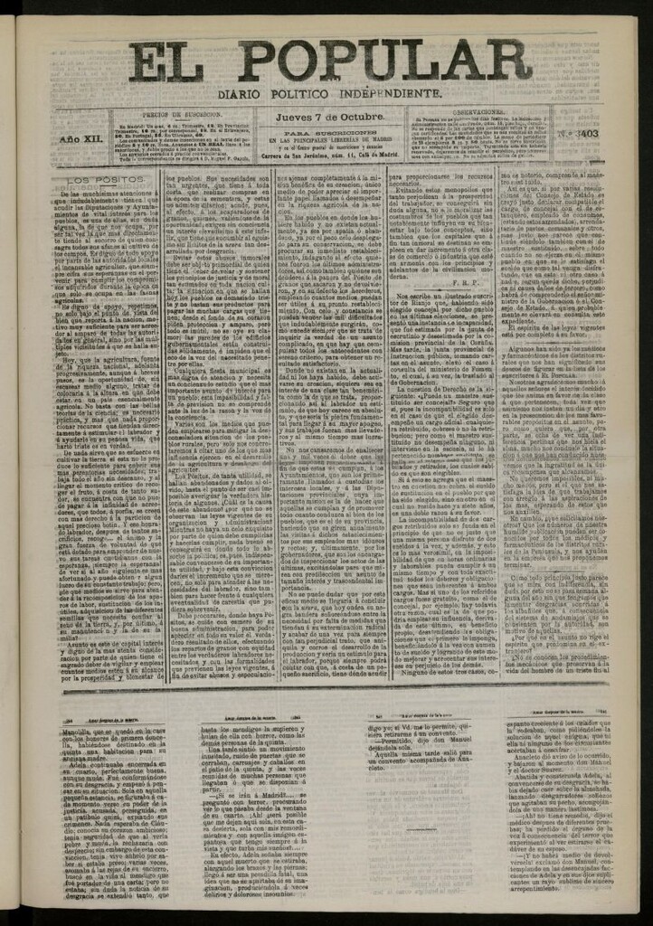 Miniatura de El Popular: diario independiente, político, literario y de noticias de interés general del 7 de octubre de 1880, nº 3403