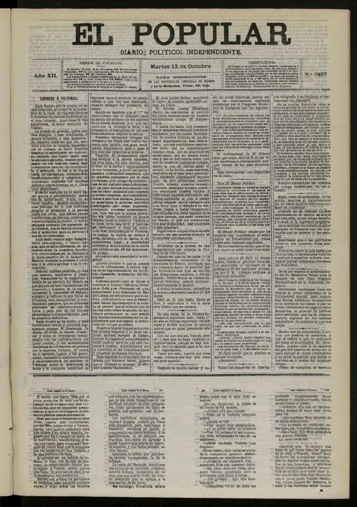 Miniatura de El Popular: diario independiente, político, literario y de noticias de interés general del 12 de octubre de 1880, nº 3407