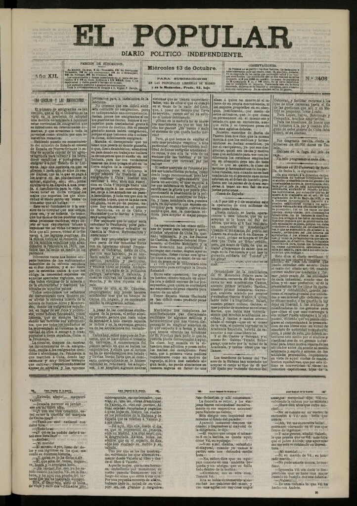 Miniatura de El Popular: diario independiente, político, literario y de noticias de interés general del 13 de octubre de 1880, nº 3408