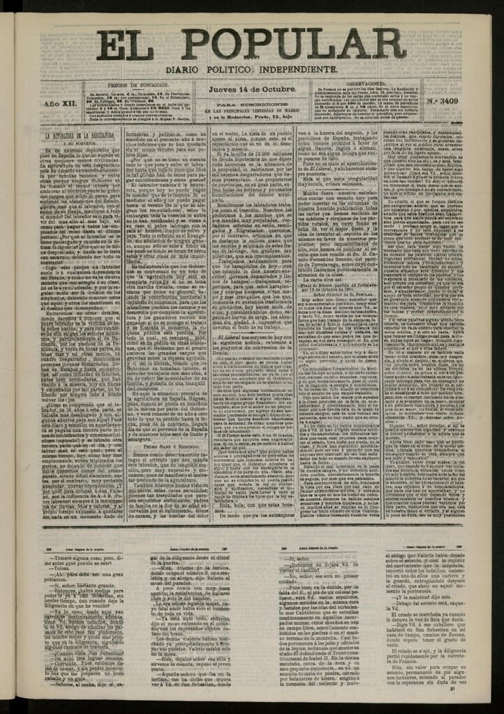Miniatura de El Popular: diario independiente, político, literario y de noticias de interés general del 14 de octubre de 1880, nº 3409