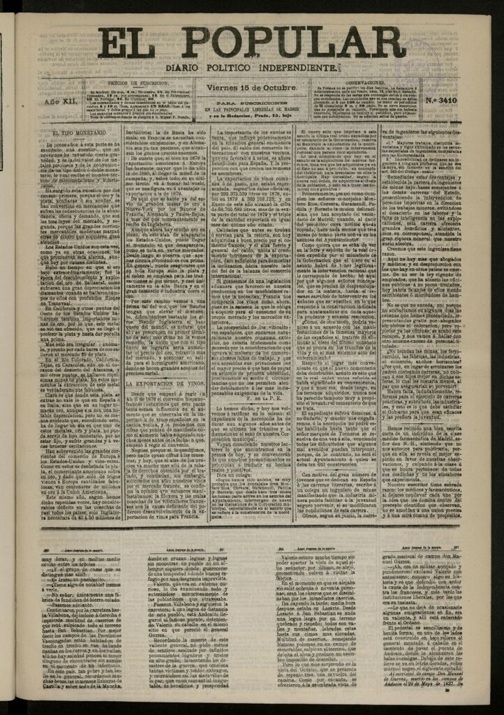 Miniatura de El Popular: diario independiente, político, literario y de noticias de interés general del 15 de octubre de 1880, nº 3410