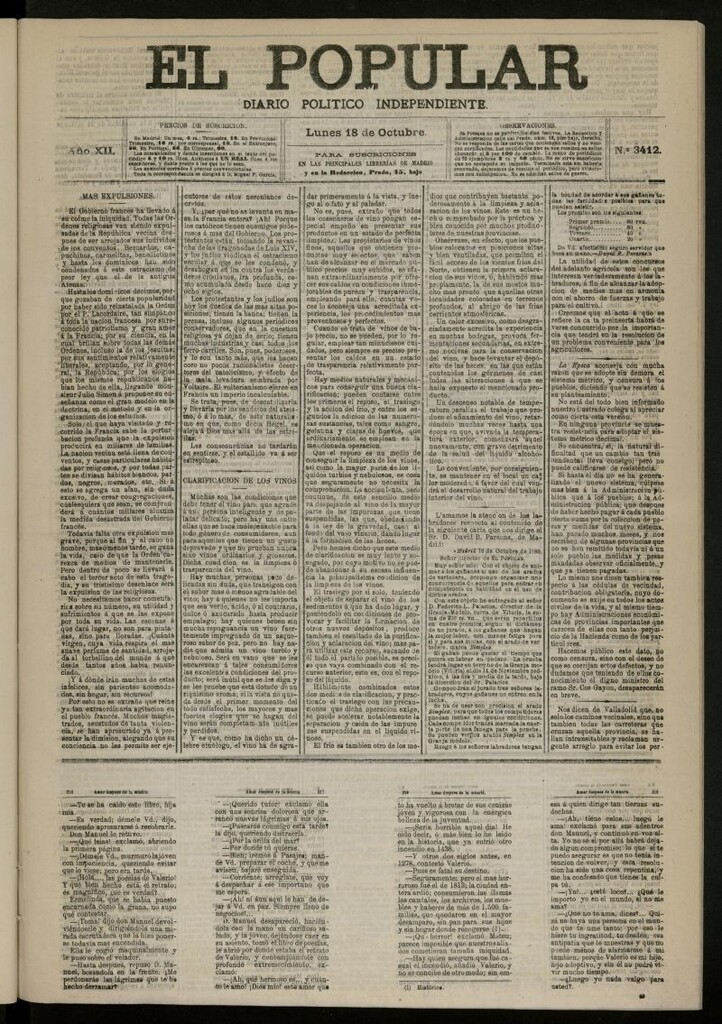 Miniatura de El Popular: diario independiente, político, literario y de noticias de interés general del 18 de octubre de 1880, nº 3412