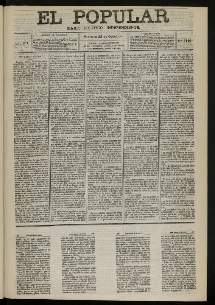 Miniatura de El Popular: diario independiente, político, literario y de noticias de interés general del 22 de octubre de 1880, nº 3416