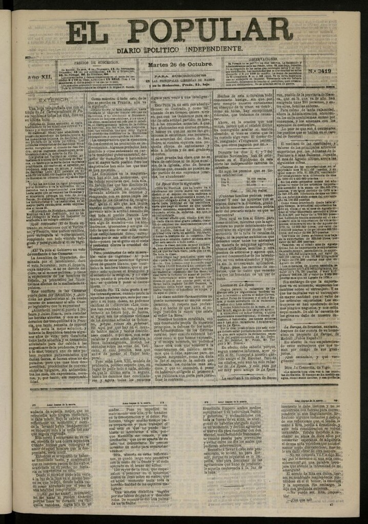 Miniatura de El Popular: diario independiente, político, literario y de noticias de interés general del 26 de octubre de 1880, nº 3419